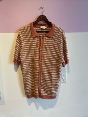 Topman Rust and Cream Houndstooth Knit Button-Down Shirt